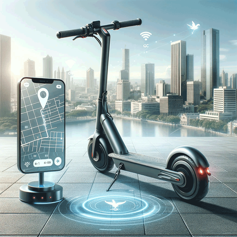 Electric scooter with GPS tracking on city backdrop showcasing micromobility