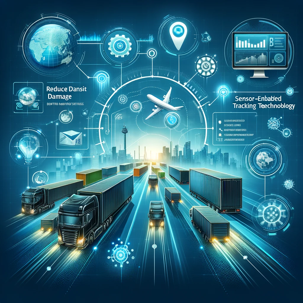 Innovative logistics technology showcasing sensor-enabled tracking devices and digital analytics for reduced transit damage