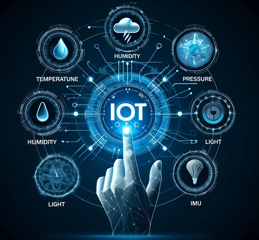 IoT dashboard with sensor and security icons