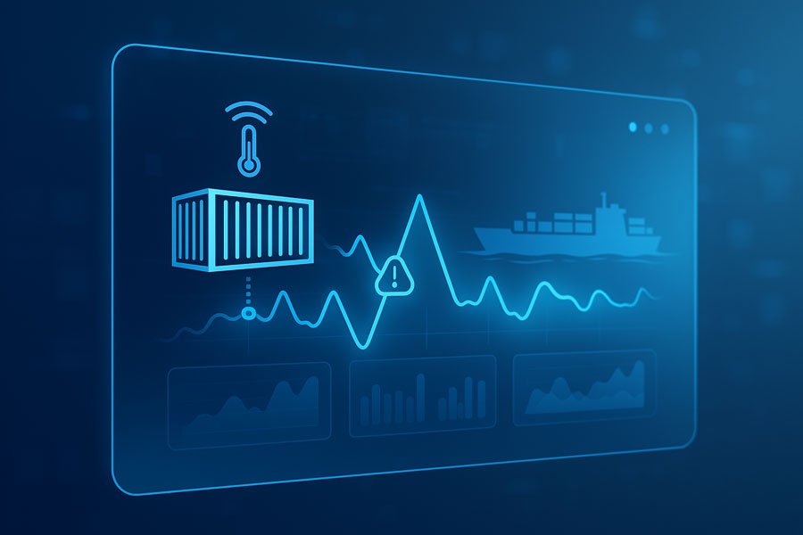 Futuristic blue dashboard with container and ship icons, temperature graph and alert symbol, illustrating real-time cold-chain monitoring via NB-IoT.