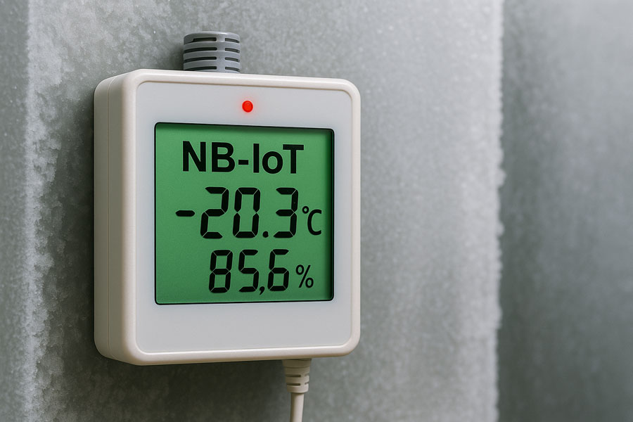 Close-up of an NB-IoT temperature and humidity data logger mounted on a frosted cold-storage wall, screen showing -20.3 °C and 85.6 % RH.