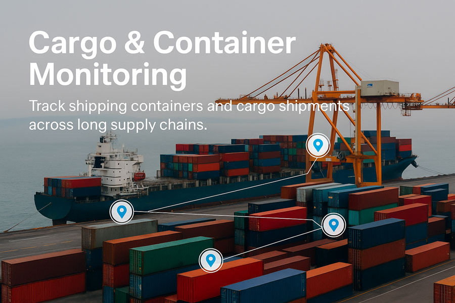 Container ship and stacked cargo containers at port with location markers