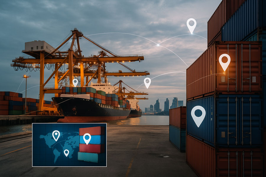 Cargo ship and stacked containers with IoT pin at twilight port