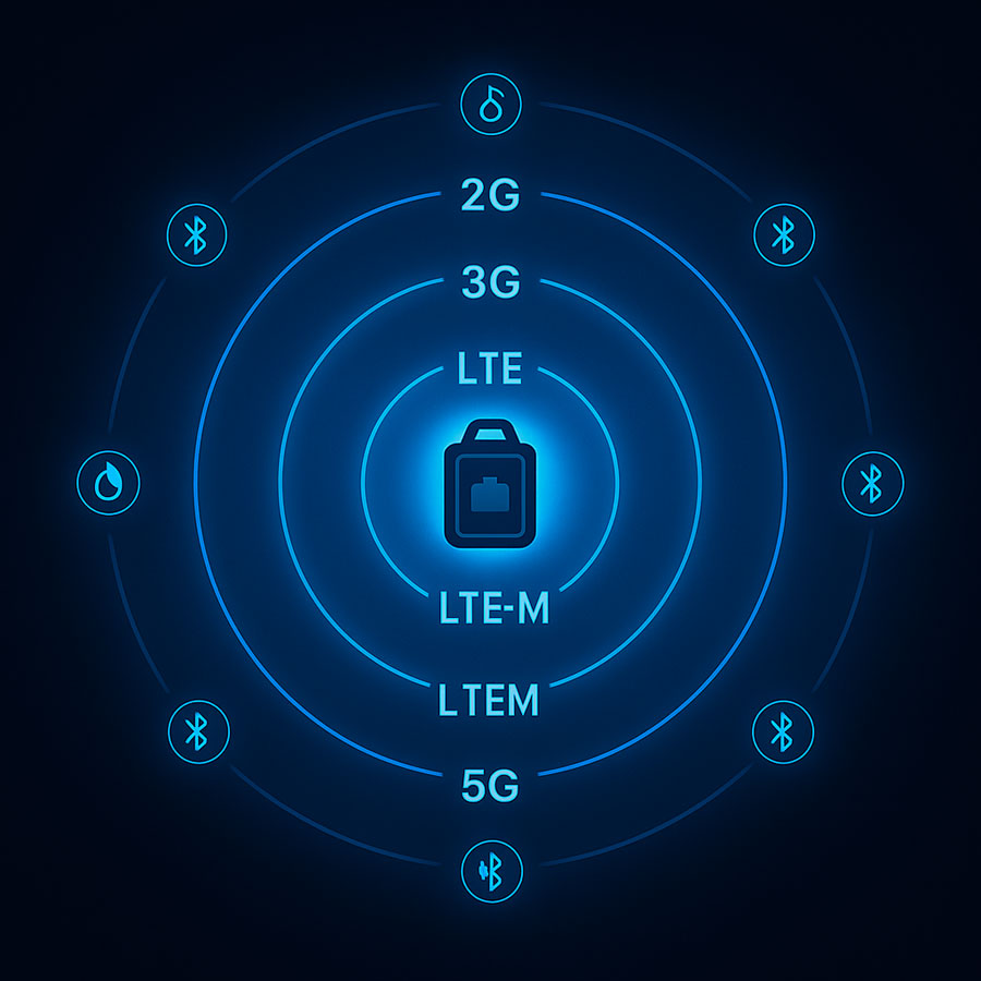 Concentric circles showing 2G, 3G, LTE, LTE-M, NB-IoT, 5G and BLE around an Eelink device icon