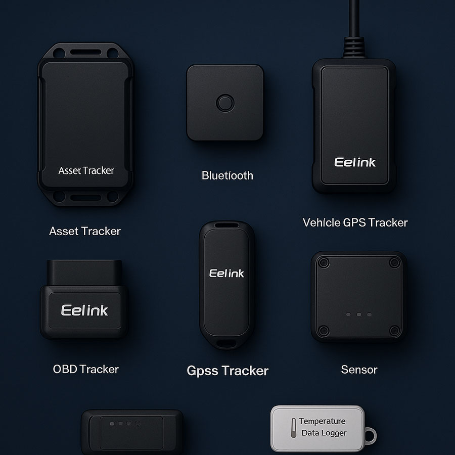 Grid of seven Eelink IoT devices—including GPS, OBD and BLE trackers—on blue gradient background