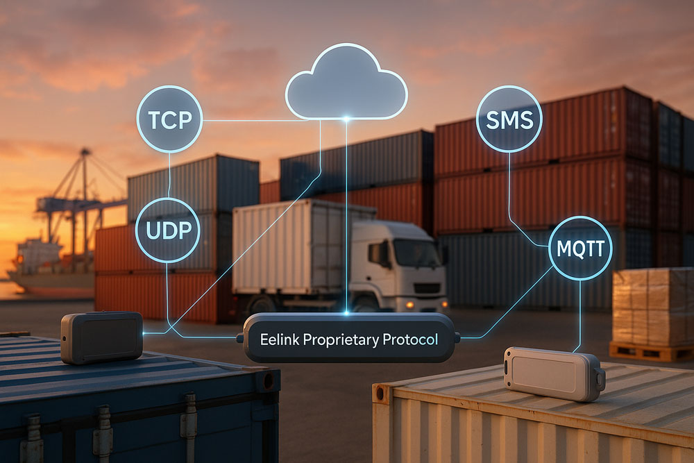 elink IoT tracking devices communicating via TCP, UDP, SMS and MQTT at a sunset container port, illustrating multi-protocol logistics connectivity.