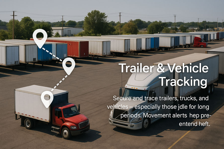 Row of idle trailers in truck yard with tracking path overlay