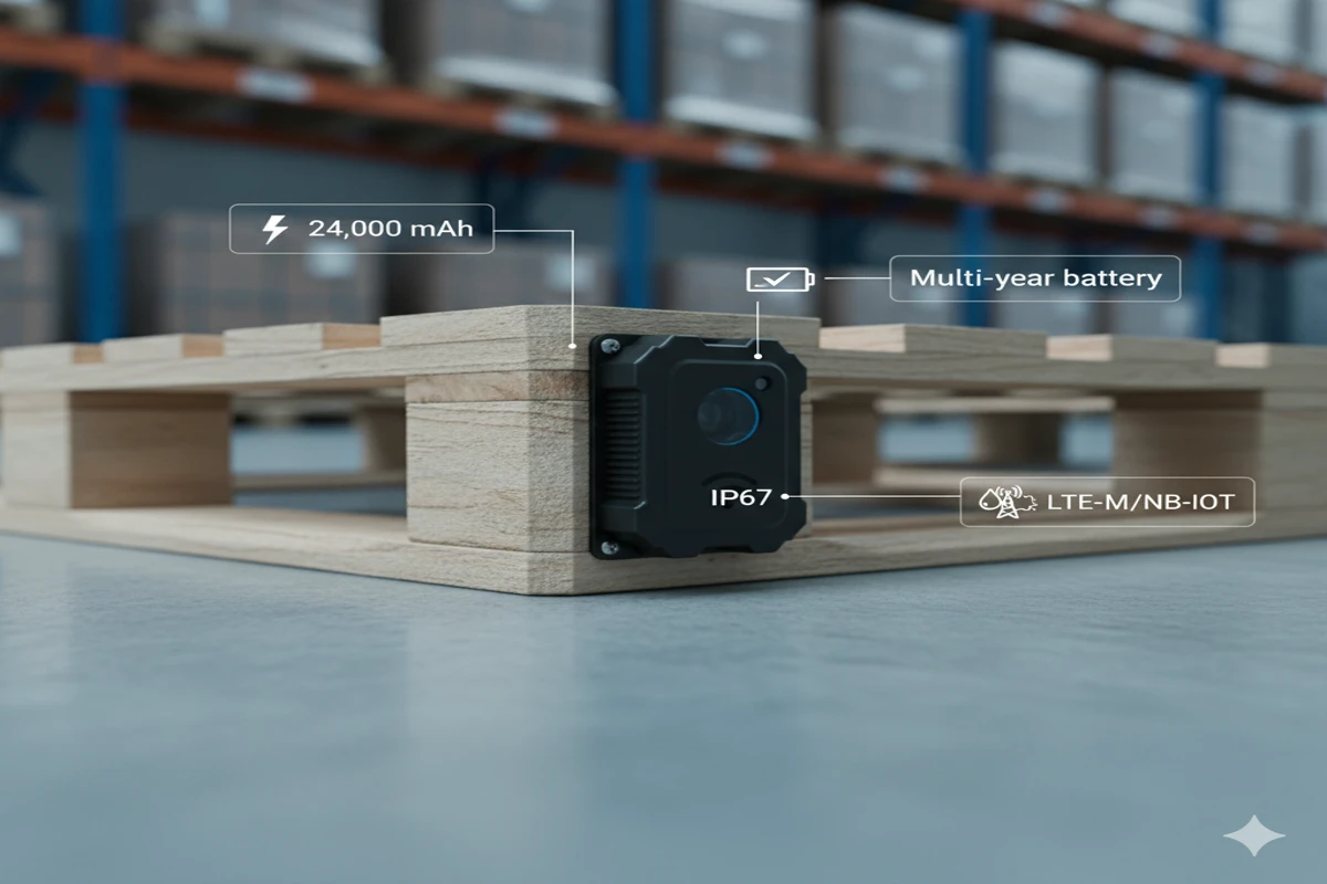 EELINK GPS pallet tracker with IP67 protection, LTE-M NB-IoT connectivity, and multi-year battery