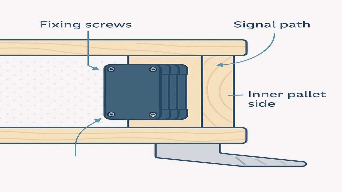 EELINK GPT50 pallet GPS tracker installation diagram with fixing screws and signal path illustration
