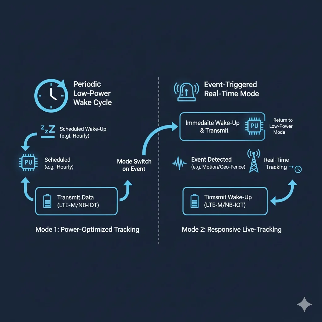 Technical flow diagram of GPT12-X Ultra dual-mode logic: periodic low-power and event-triggered real-time tracking