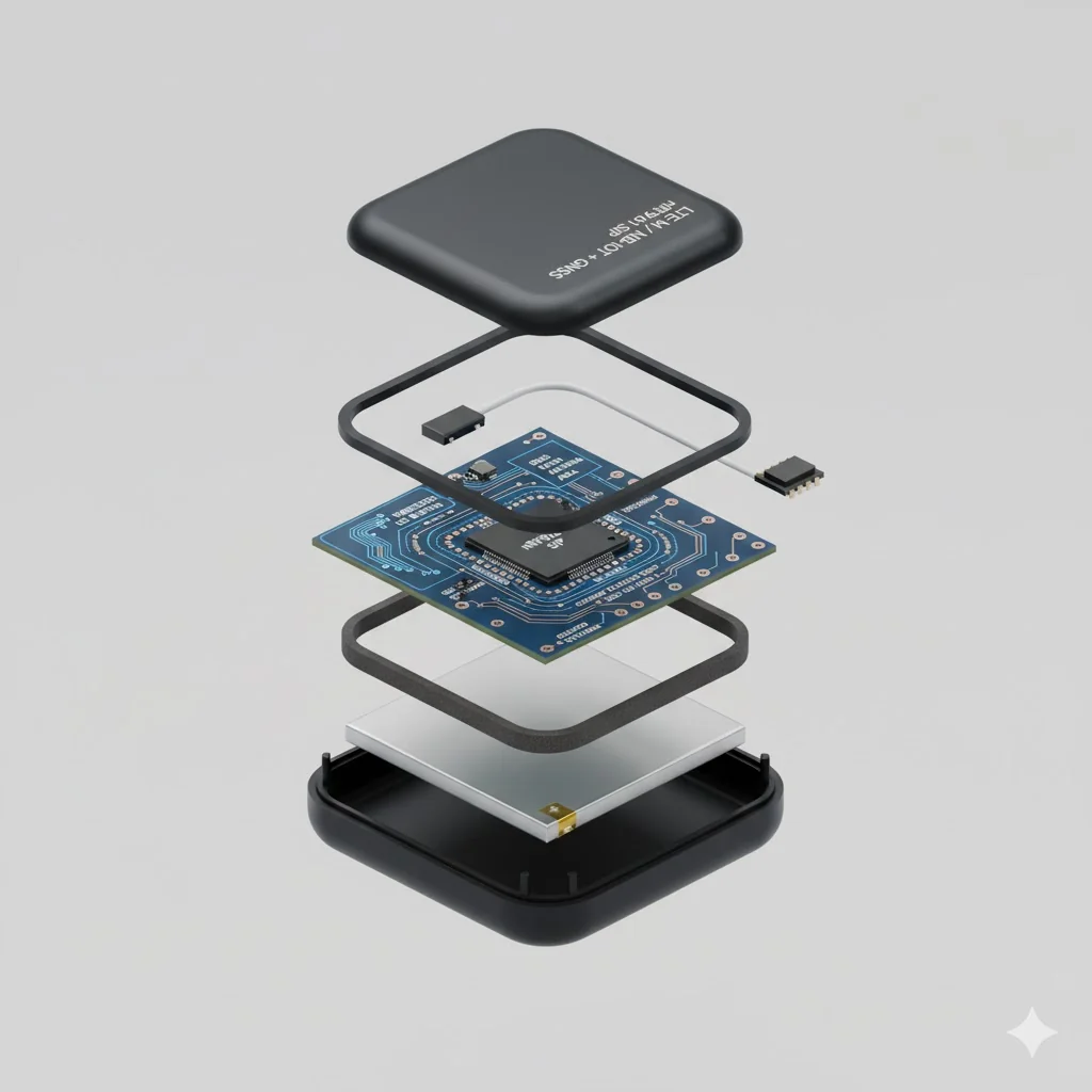 Exploded view of GPT12-X Ultra tracker showing PCB, battery, antenna, and sealing layers.