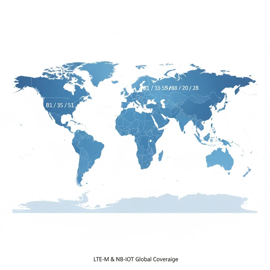 Global coverage map of LTE-M and NB-IoT networks with labeled frequency bands