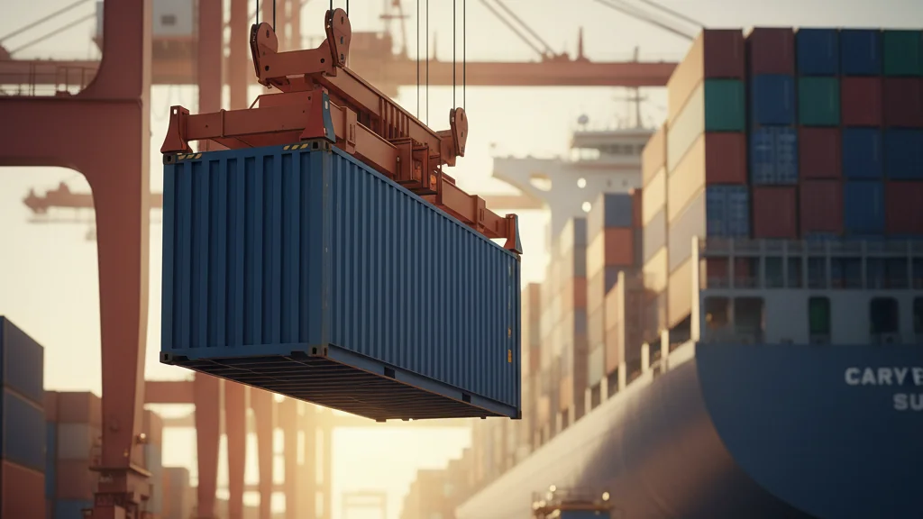 Shipping container being lifted at a busy port