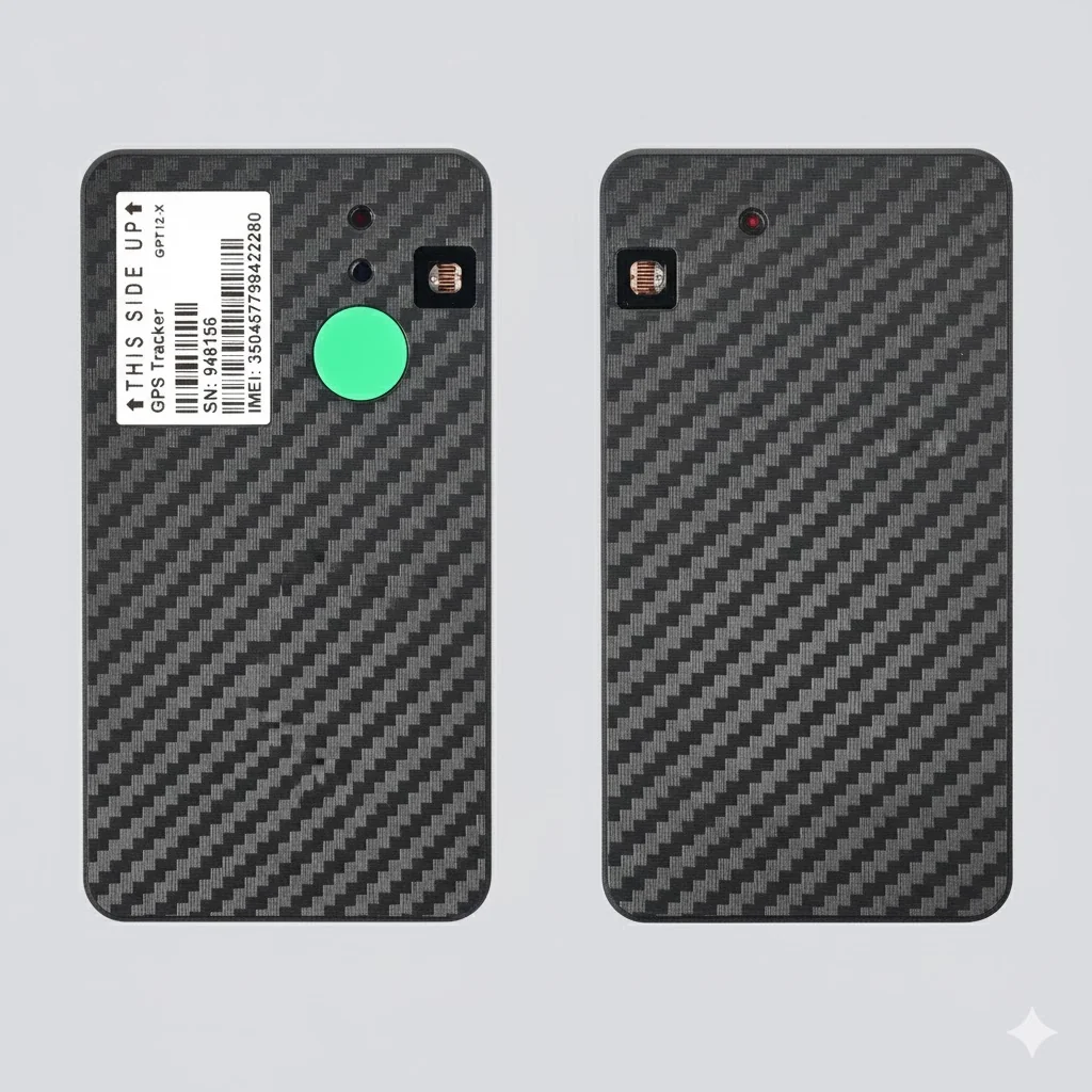 GPT12-X Ultra asset tracker front and back view with carbon-fiber texture, Nordic nRF9161 core, ultra-thin design for cold chain and logistics tracking
