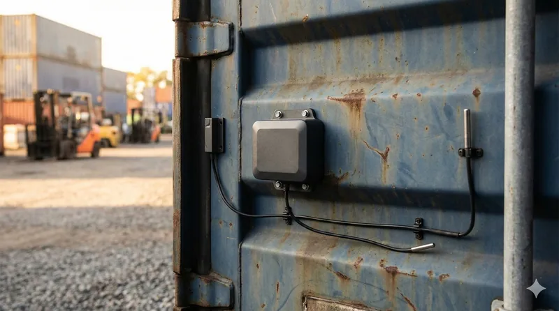 Ultra-low-power cellular asset tracker mounted on a shipping container door with door sensor