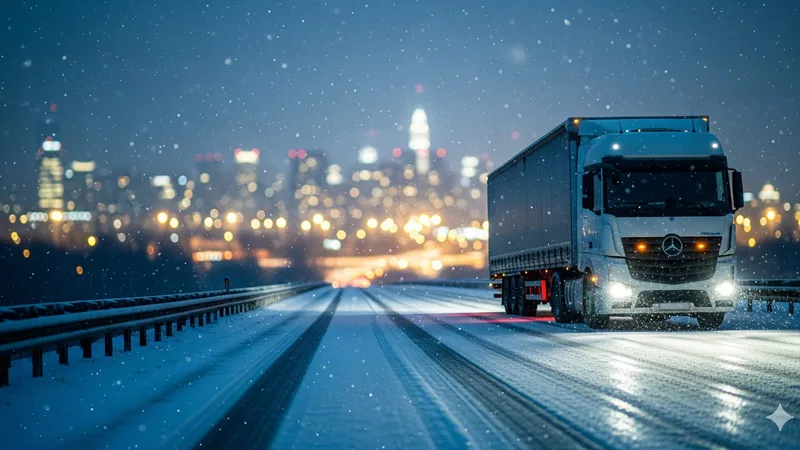 A semi-truck driving on a snowy highway at night, representing winter fleet operations and logistics visibility.
