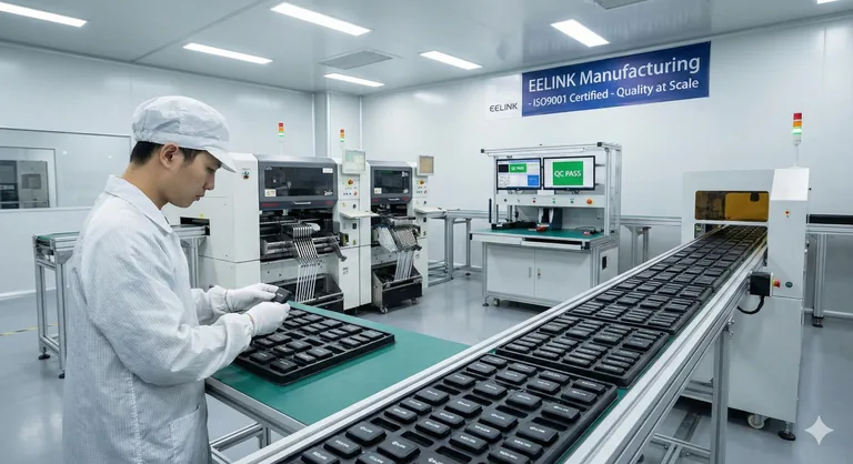 EELINK ISO9001 certified manufacturing facility showing an SMT production line, automated testing equipment, and a technician inspecting IoT devices, featuring the red e² Link logo banner