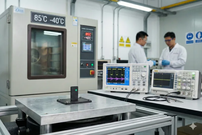 IoT tracker under reliability testing with thermal chamber and lab instruments for EVT DVT PVT validation