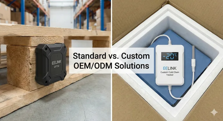 Comparison of EELINK standard rugged asset tracker on a pallet versus a custom OEM/ODM cold chain temperature tracker inside an insulated box, both featuring the red e² Link logo