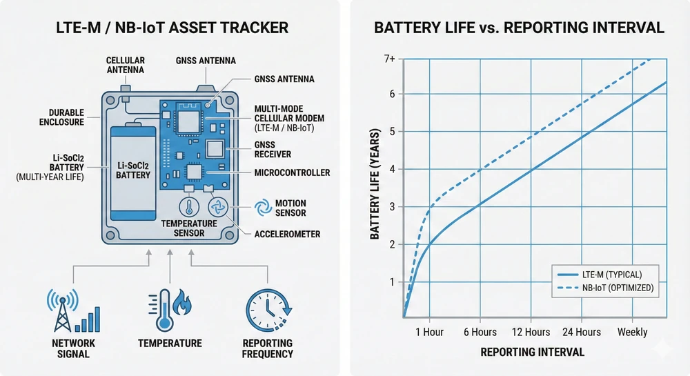 Diagram of multi-year LTE-M / NB-IoT asset tracker battery life versus reporting interval