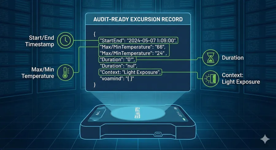 Diagram of an EELink GPT29 JSON data payload showing essential fields for cold chain compliance: start/end time, duration, max/min temperature, and door-open context flags.