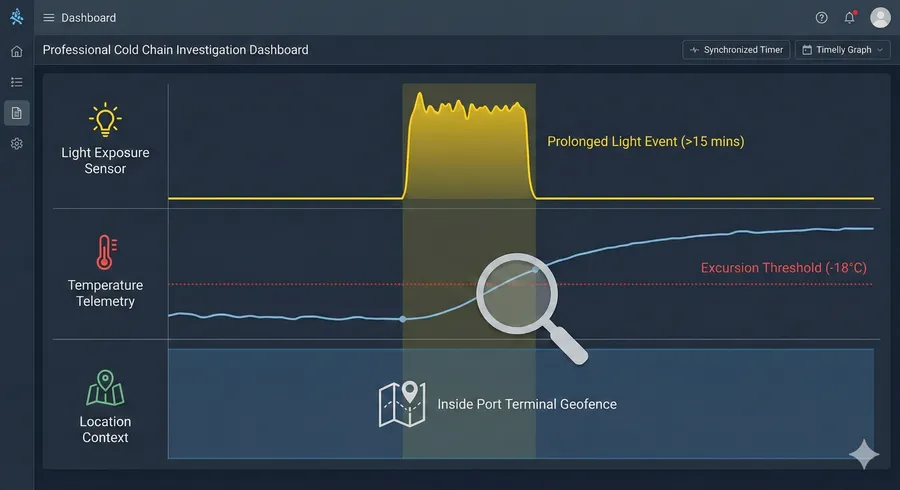 Investigation dashboard showing a timeline correlation where a prolonged light exposure event in a port geofence precedes a temperature excursion in a reefer container