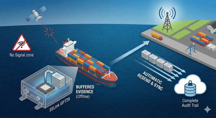 Diagram showing a container ship in a no-signal ocean zone buffering EELink GPT29 sensor data on-device, which is automatically resent to the cloud upon regaining cellular signal at port for a complete audit trail