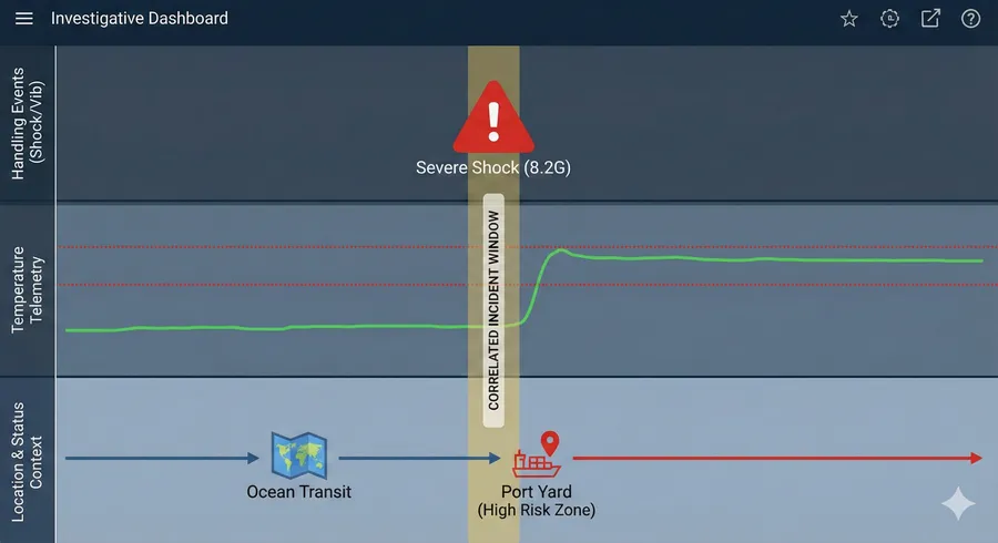Investigative dashboard interface showing a synchronized timeline where a severe shock event (8.2G) correlates exactly with a temperature excursion start and a location change to a high-risk port yard