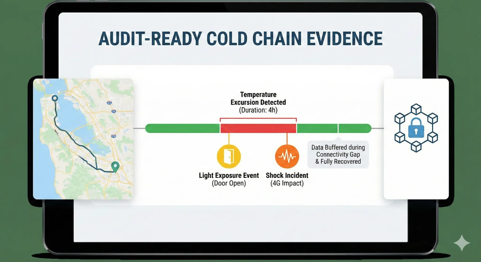 Audit-ready cold chain data visualization showing a temperature excursion correlated with a door-open light event and shock impact on a timeline.