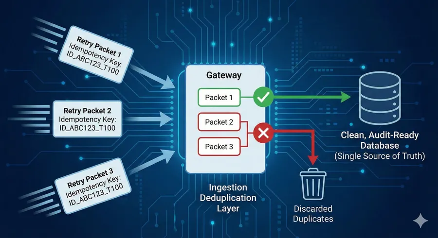 Technical visualization of an IoT gateway using idempotency keys to filter duplicate packets caused by network retries, ensuring a clean database