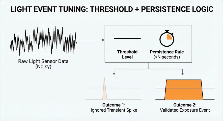 Technical diagram illustrating how to reduce false positive light alerts by applying a "threshold plus persistence duration" rule to filter out transient noise.