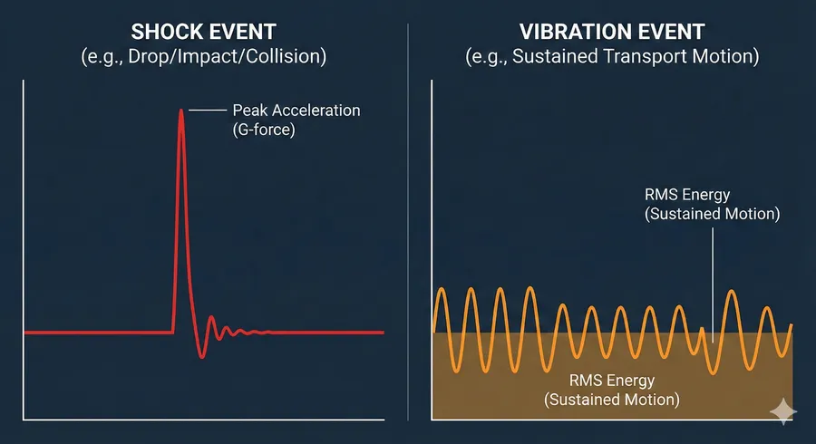 Split-panel data visualization comparing a single, high-peak shock event (drop impact) against continuous, low-amplitude oscillation representing vibration (sustained transport motion)
