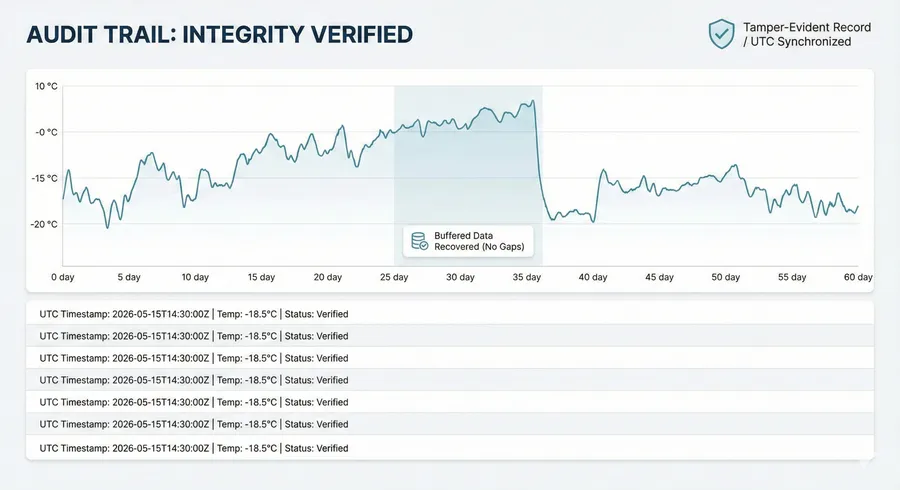 A compliance dashboard displaying a complete, verified temperature timeline where gaps were recovered via buffering, featuring UTC timestamps.