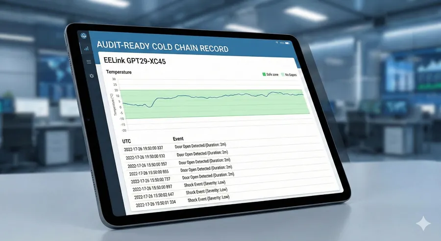 Close-up of a professional cold chain dashboard on a tablet, displaying the result of a proper installation: a continuous, gap-free temperature graph within safe limits, and a detailed event log with precise UTC timestamps for door opens and shock incidents, representing an audit-ready record.