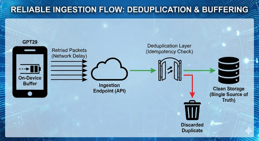 Technical flowchart showing a reliable IoT data ingestion pipeline, featuring on-device buffering, network retries, and an idempotency-based deduplication layer to ensure clean data storage