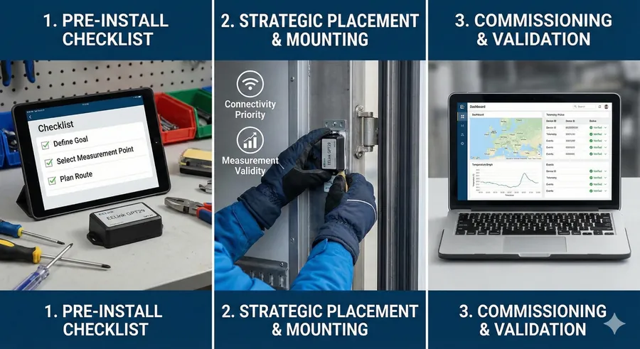 Three-panel infographic showing a practical installation SOP for EELink reefer trackers. Panel 1: Pre-install checklist on a tablet. Panel 2: Technician strategically mounting the device near the door frame for signal connectivity. Panel 3: Laptop dashboard showing successful commissioning and data validation