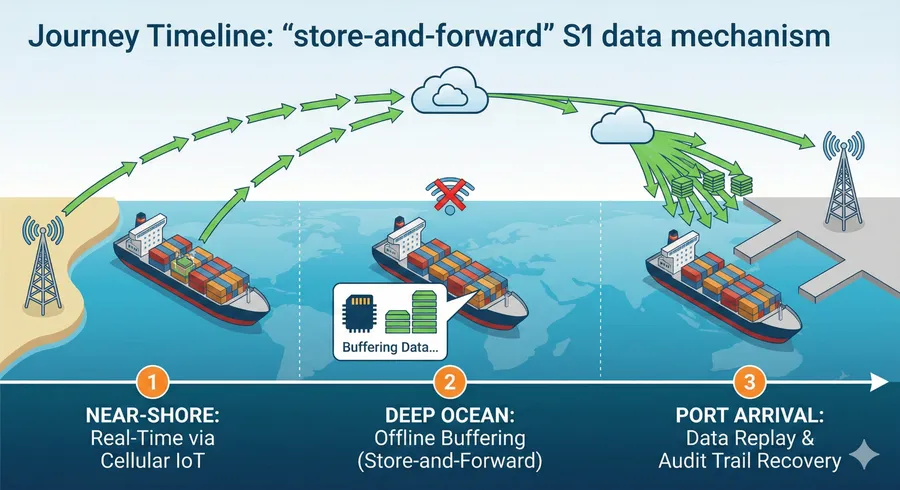 Infographic timeline of an ocean cold chain shipment, demonstrating the "store-and-forward" mechanism where the tracker buffers data during deep ocean offline windows (no signal) and automatically replays the complete audit trail upon reaching port cellular coverage