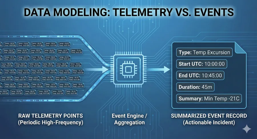 Conceptual diagram comparing high-frequency raw telemetry data points against aggregated, structured event records (like temperature excursions) with start/end timestamps and summaries
