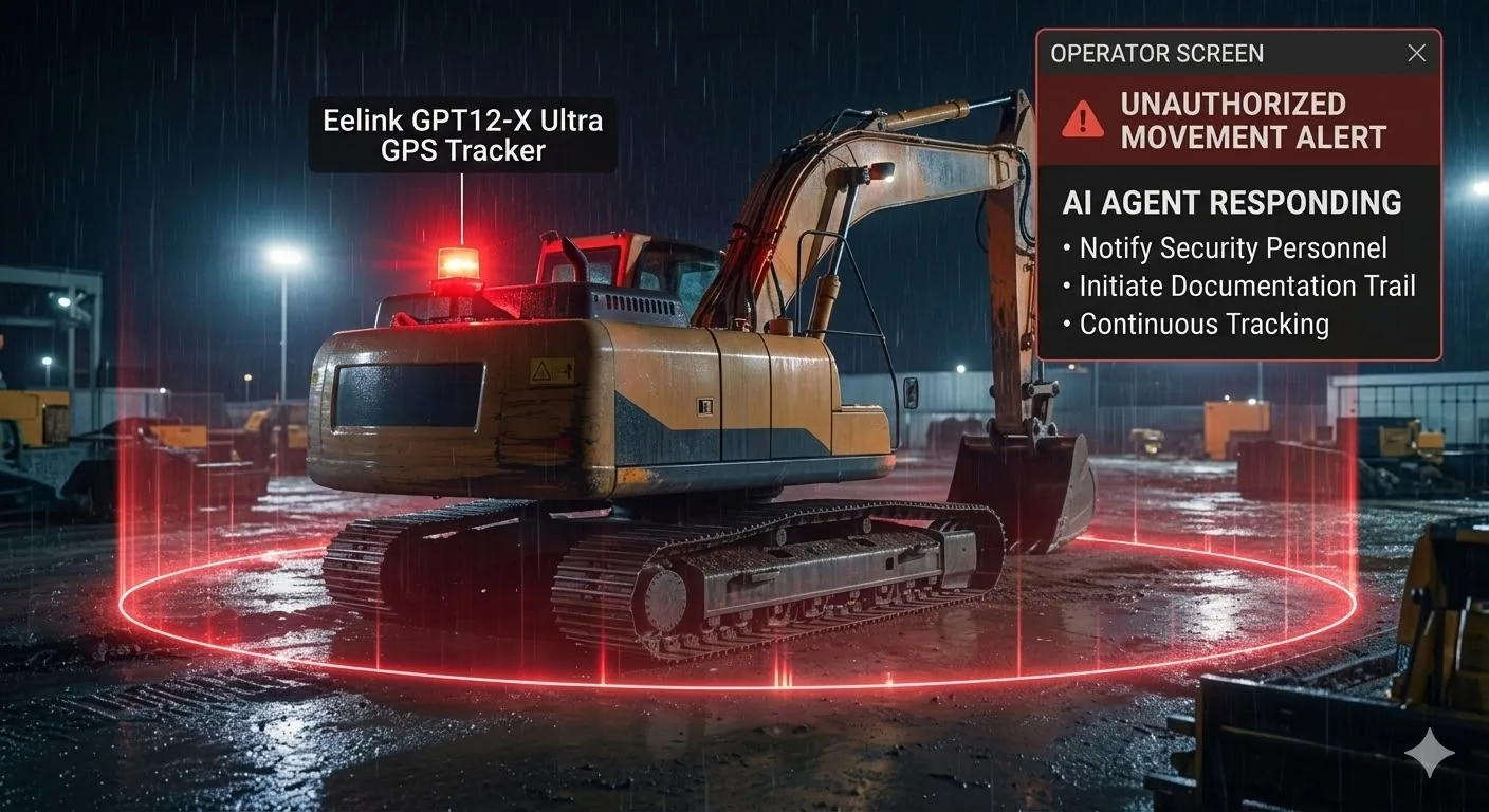 EELINK GPT12-X Ultra GPS tracker detecting unauthorized movement on excavator with AI response alert