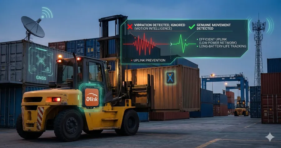Container-yard scene showing how motion intelligence distinguishes ignored vibration from genuine asset movement so a battery-powered tracker can avoid unnecessary uplinks and extend service life.