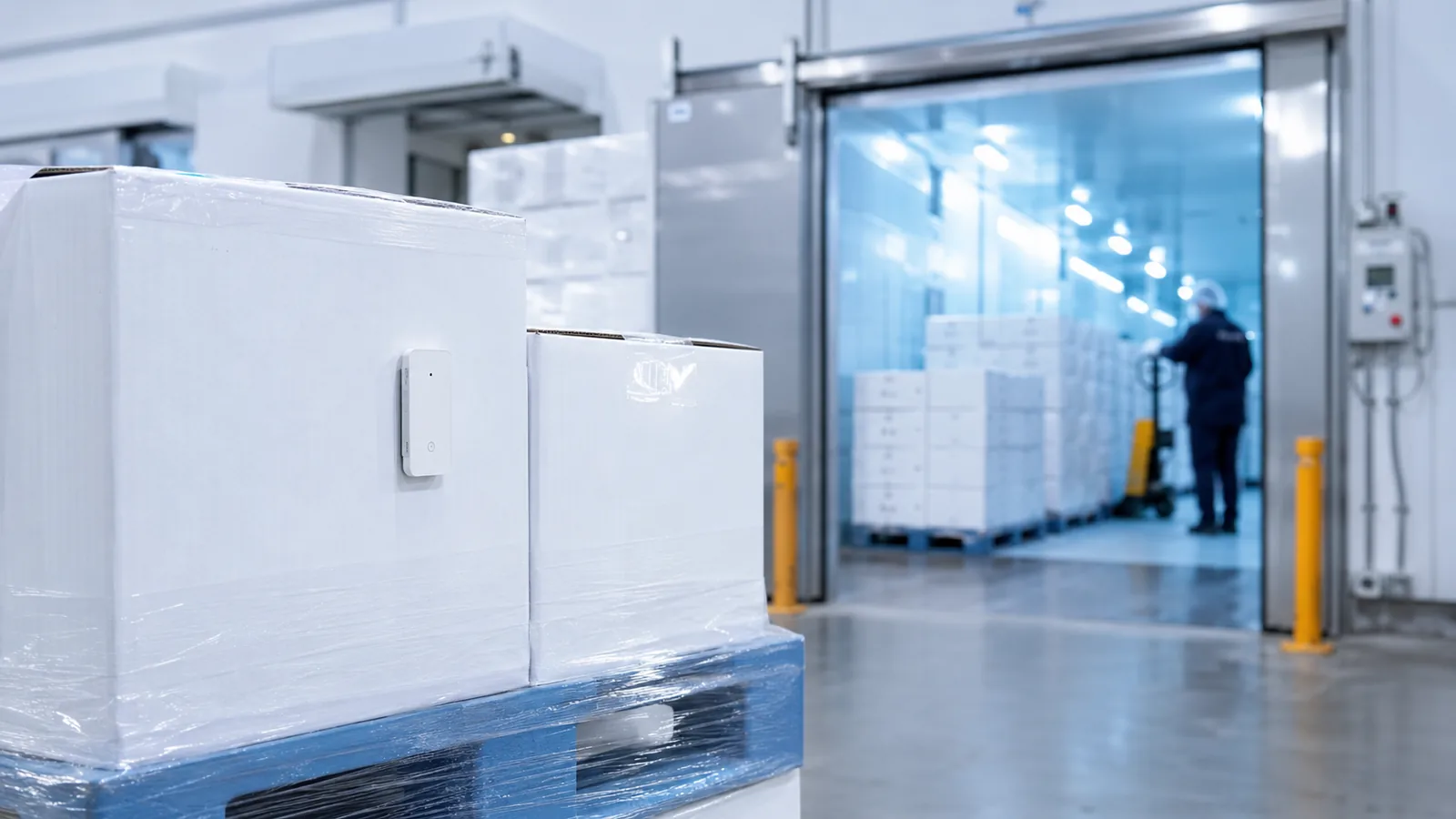 BTT02 BLE temperature logger deployed on cold chain cartons in a refrigerated warehouse