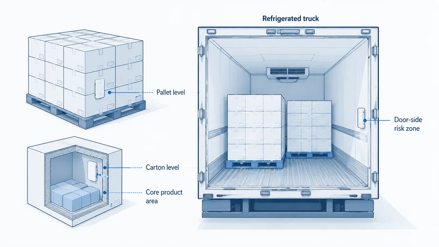 Cold chain temperature logger placement diagram for pallet carton refrigerated truck and door-side risk zone