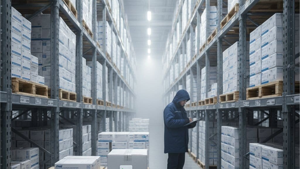 IoT temperature monitoring sensor mounted on a refrigerated shipping container in a cold chain warehouse, with digital temperature display showing real-time readings
