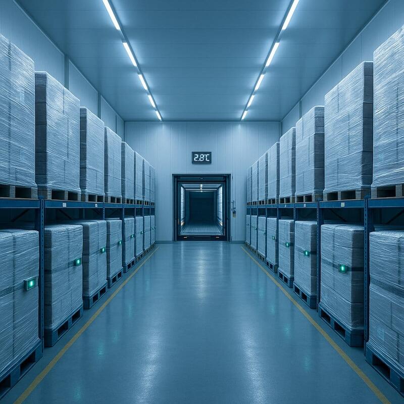 Cold chain logistics warehouse with IoT temperature sensors monitoring refrigerated shipments in 2026