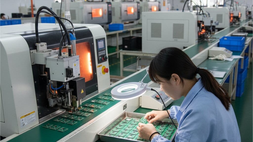 SMT production line at Eelink IoT manufacturing facility with technician inspecting IoT cold chain tracker PCB assemblies under magnifying lamp