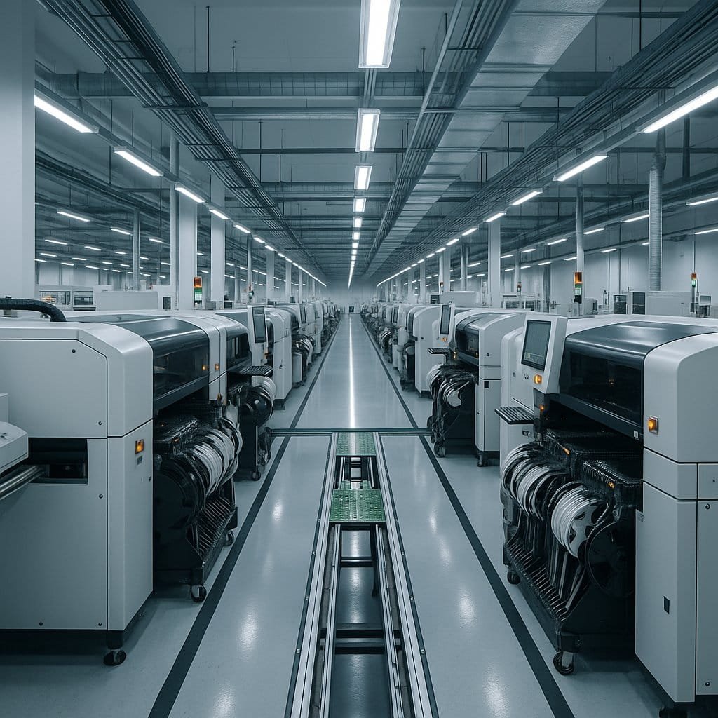 Eelink SMT manufacturing production line with multiple pick-and-place machines, component reels, and PCB conveyor in a modern IoT hardware factory