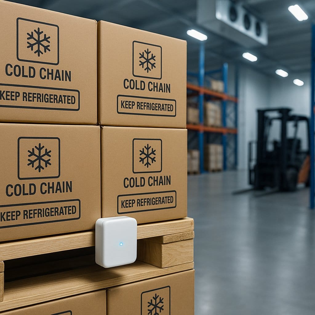 Cold chain tracking hardware on a refrigerated pallet inside a distribution warehouse with temperature monitoring data overlay