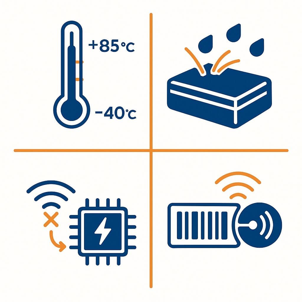 Four-quadrant OEM hardware design evaluation framework for FSMA 204: temperature range -40°C to +85°C, water and ingress protection, store-and-forward connectivity, and barcode-NFC lot-code binding