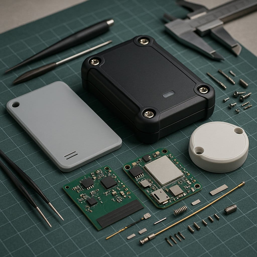 Workbench comparison of a BLE temperature logger, a cellular real-time tracker and a compact asset tracking tag