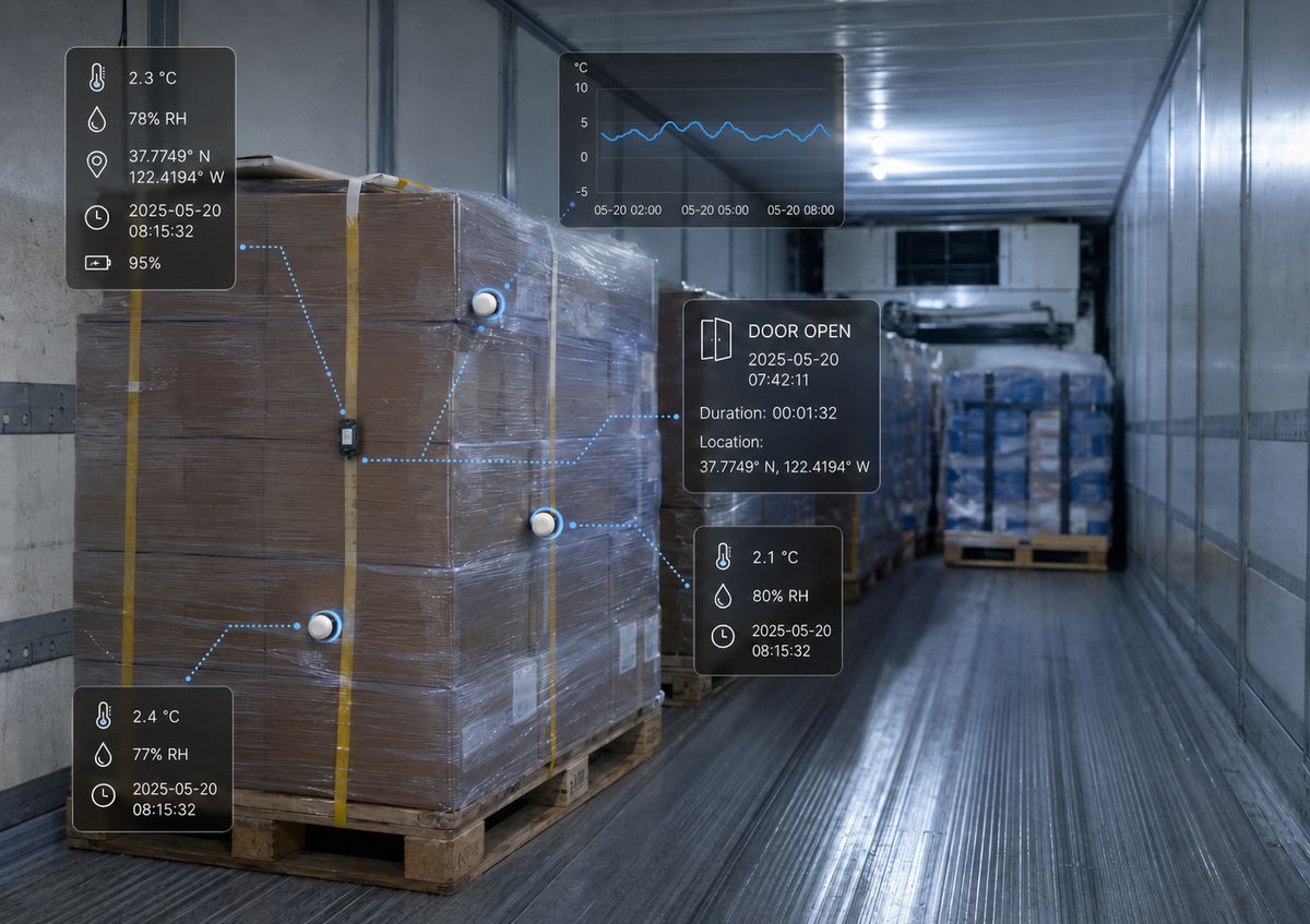 Refrigerated truck interior with BLE temperature sensors on pallets showing real-time cargo-level evidence data including temperature, humidity, door-open events, and timestamps